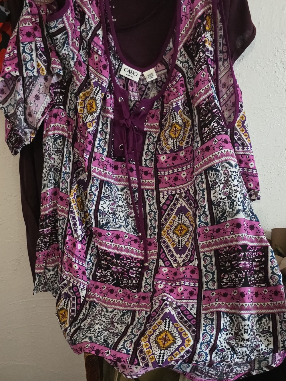 Brand NEW Cato Purple and Yellow Boho Lace-Up Tunic